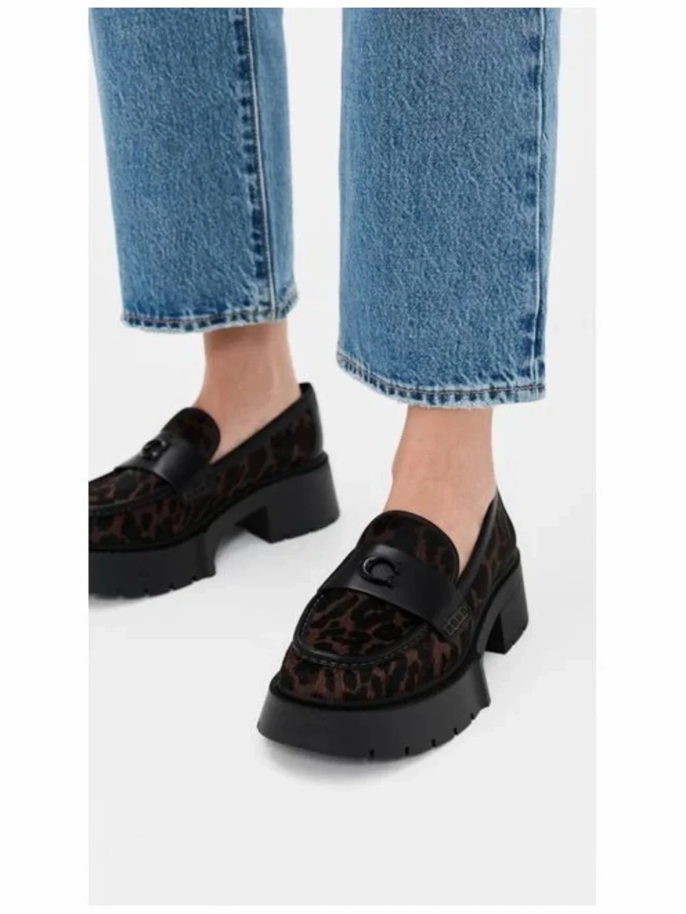 NWT Coach Woman Black Brown Leopard-Print Leather Loafers.
